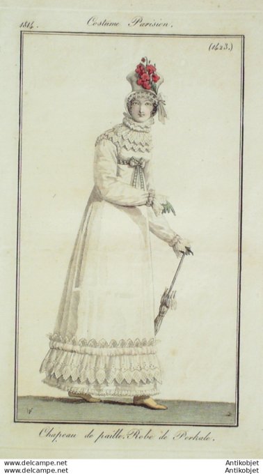 Gravure de mode Costume Parisien 1814 n°1423 Robe perkale