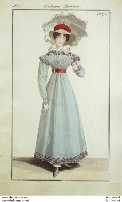 Gravure de mode Costume Parisien 1822 n°2072 Robe perkale brodée