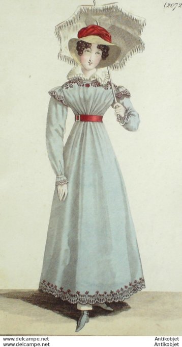 Gravure de mode Costume Parisien 1822 n°2072 Robe perkale brodée