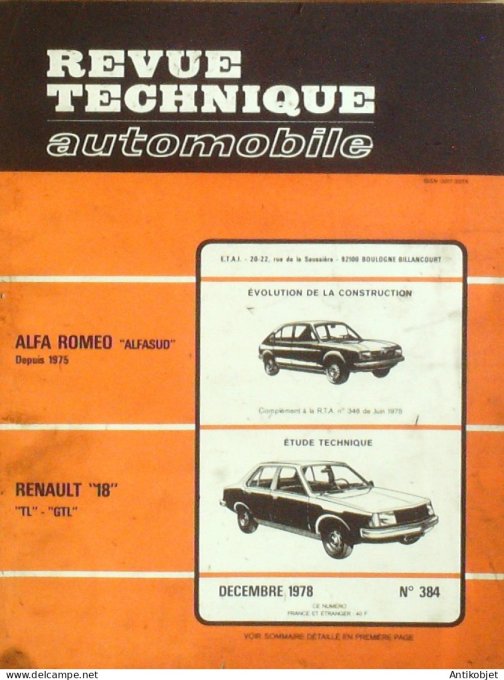 Revue Tech. Automobile 1978 n°384 Alfa Roméo Renault 18
