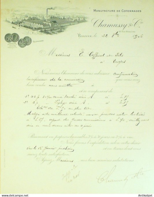 Facture Chamussy Cie (ManuFacture Cotonnades) 1906 à Roanne (42)