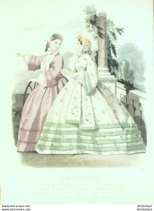 Gravure Les Modes Parisiennes 1861 # 965 Robes satin Maison Fauvet