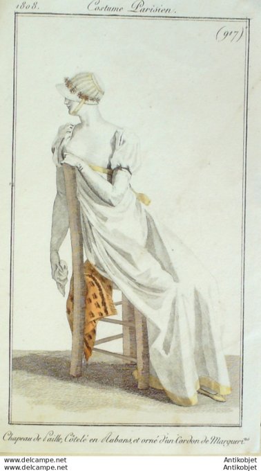 Gravure de mode Costume Parisien 1808 n° 917 Chapeau de paille côtelé