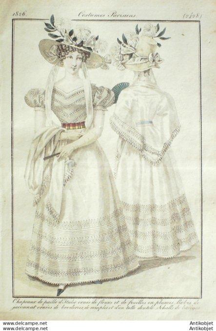 Gravure de mode Costume Parisien 1826 n°2428 Robes de Jaconnat schalls de Barèges
