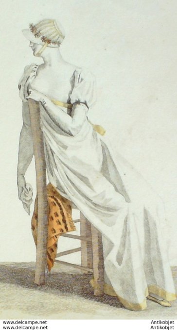 Gravure de mode Costume Parisien 1808 n° 917 Chapeau de paille côtelé