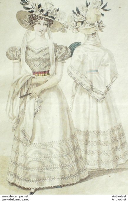 Gravure de mode Costume Parisien 1826 n°2428 Robes de Jaconnat schalls de Barèges