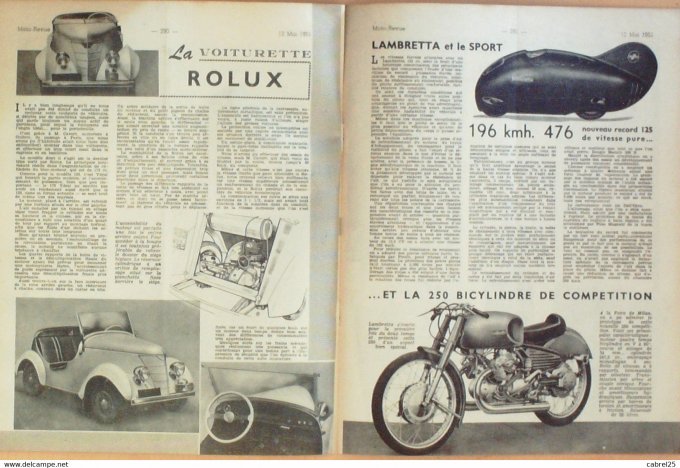 Moto Revue 1951 n° 1032 250 Ardie Racers 500 Voiturette Rolux Lambretta 250 bicylindre