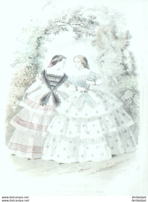 Gravure Les Modes Parisiennes 1852 # 704 Robes en bretelles Maison Delisle