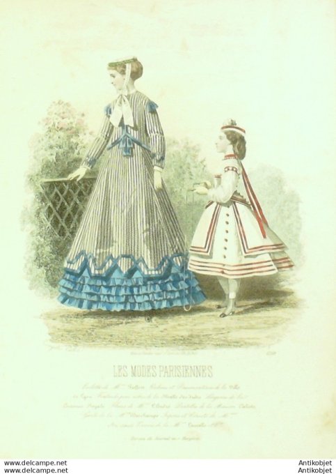 Gravure Les Modes Parisiennes 1865 #1259 Robe de coton Maison Pieffort