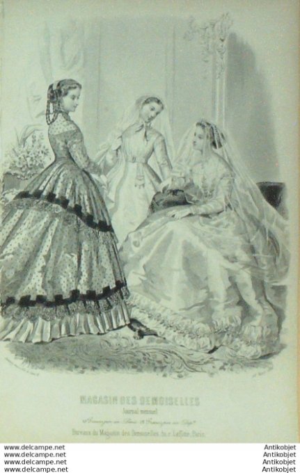 Gravure Mode Magasin Demoiselles 1866 #  3b (aquarellee Old Fashion plate)