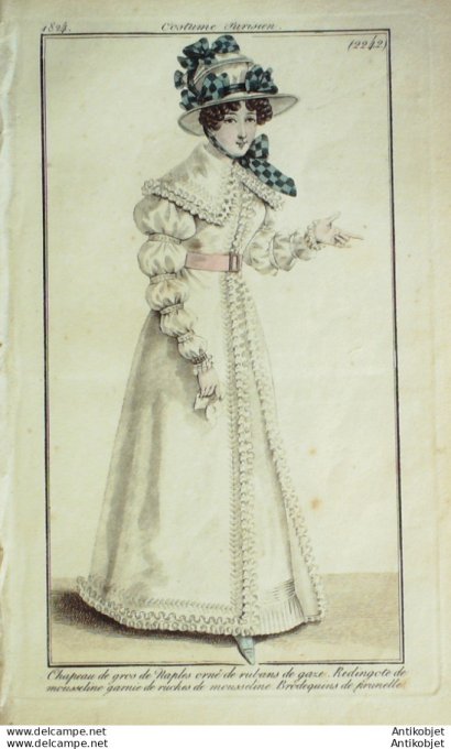 Gravure de mode Costume Parisien 1824 n°2242 Redingote mousseline ruches