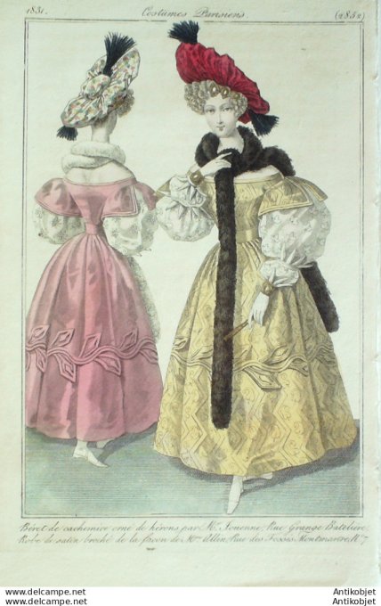 Gravure de mode Costume Parisien 1831 n°2852 Robe de satin broché béret