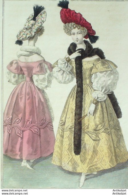 Gravure de mode Costume Parisien 1831 n°2852 Robe de satin broché béret