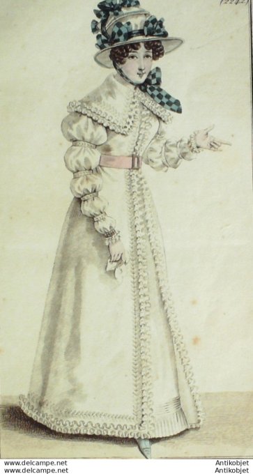 Gravure de mode Costume Parisien 1824 n°2242 Redingote mousseline ruches
