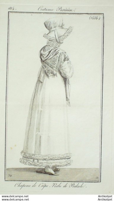 Gravure de mode Costume Parisien 1814 n°1424b Robe perkale