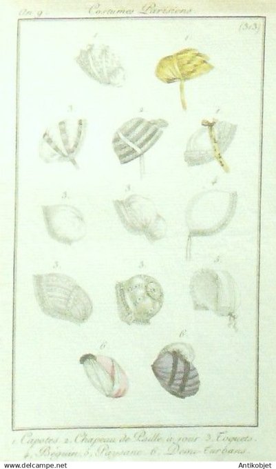Costume Parisien 1801 an  9 # 313 (eau forte) Capotes chapeau de paille
