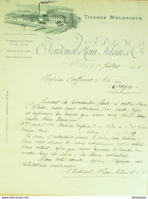 Facture Everdenal Hem Klein (Tissage mécanique) 1906 à St Dié (88)