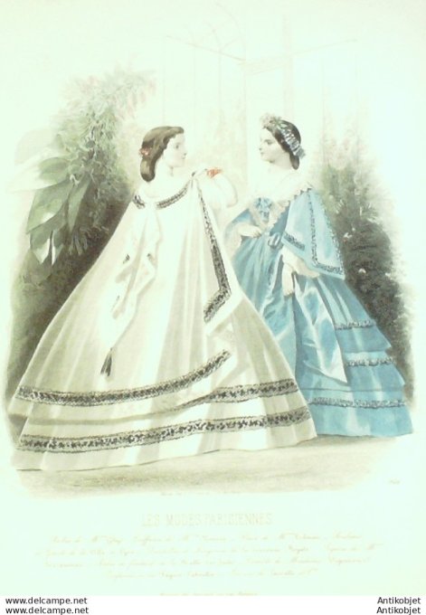 Gravure Les Modes Parisiennes 1861 # 966 Robes en satin Maison Ghys