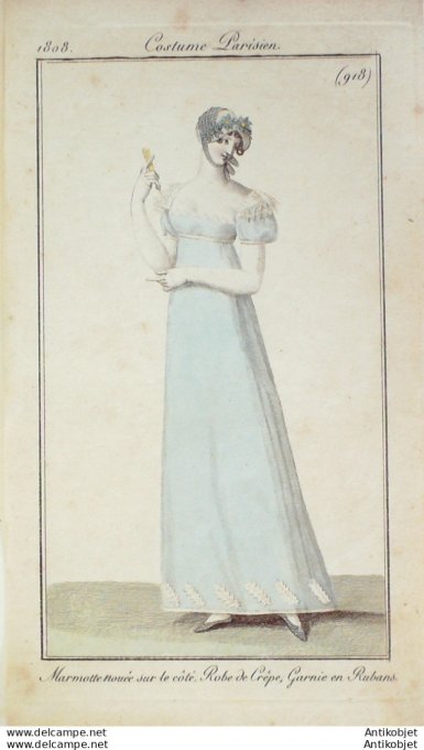 Gravure de mode Costume Parisien 1808 n° 918 Robe de crêpe & rubans