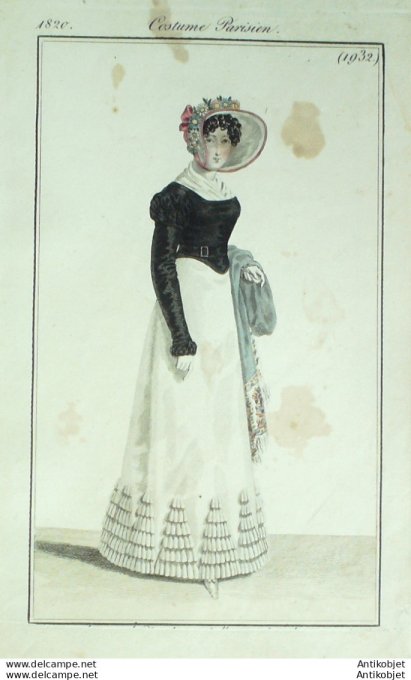 Gravure de mode Costume Parisien 1820 n°1932 Robe perkale garnie de volants
