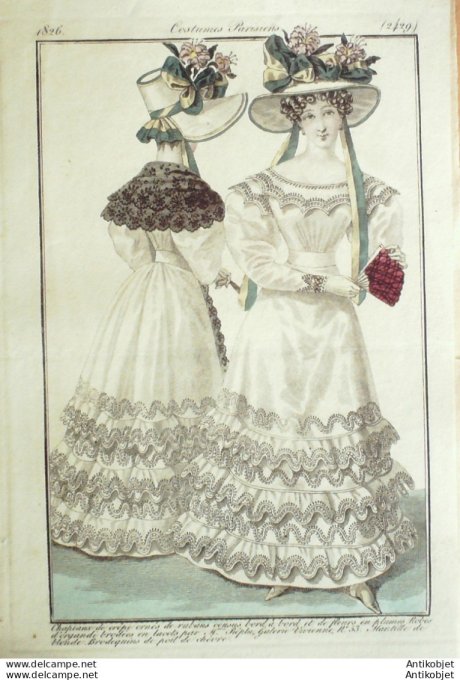 Gravure de mode Costume Parisien 1826 n°2429 Robes d'organdi brodées