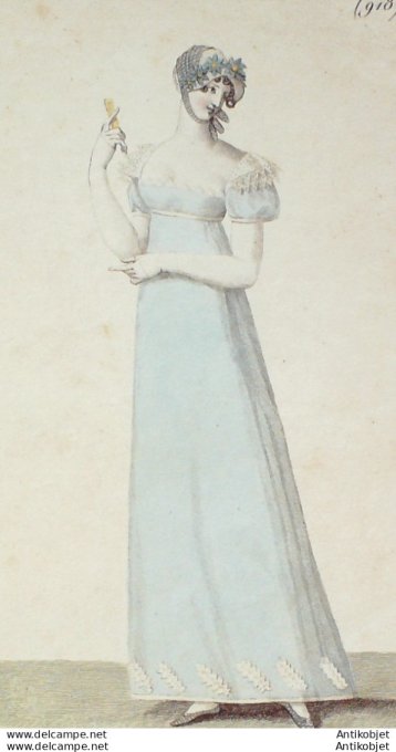 Gravure de mode Costume Parisien 1808 n° 918 Robe de crêpe & rubans