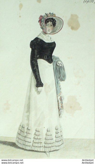 Gravure de mode Costume Parisien 1820 n°1932 Robe perkale garnie de volants