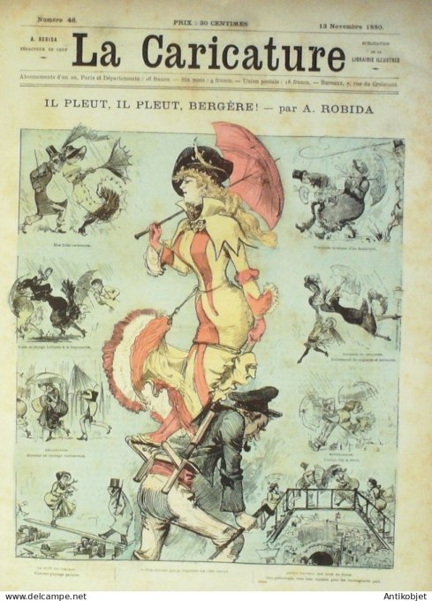 La Caricature 1880 #  46 Il pleut Bergère Robida Barret Draner Esquisses maritimes Gino