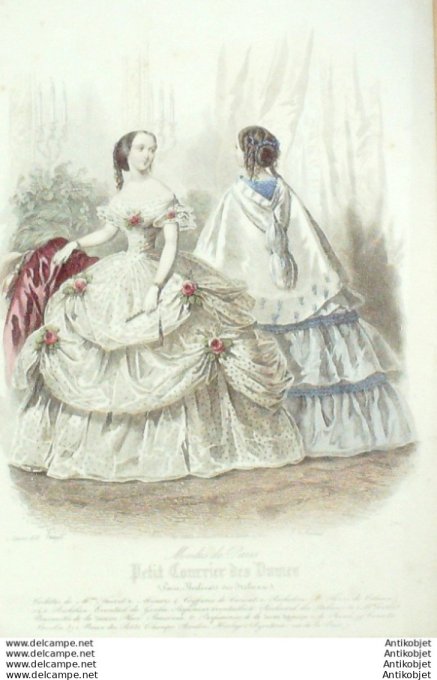 Gravure Mode Courrier des Dames 1858 # 2997 (eau forte old Fashion plate)