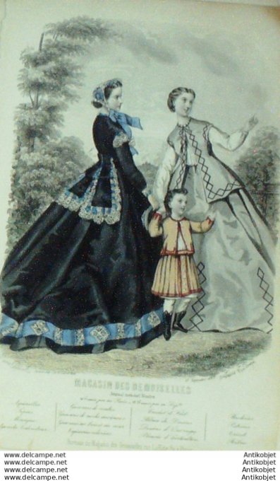 Gravure Mode Magasin Demoiselles 1865 #  9 (aquarellee Old Fashion plate)