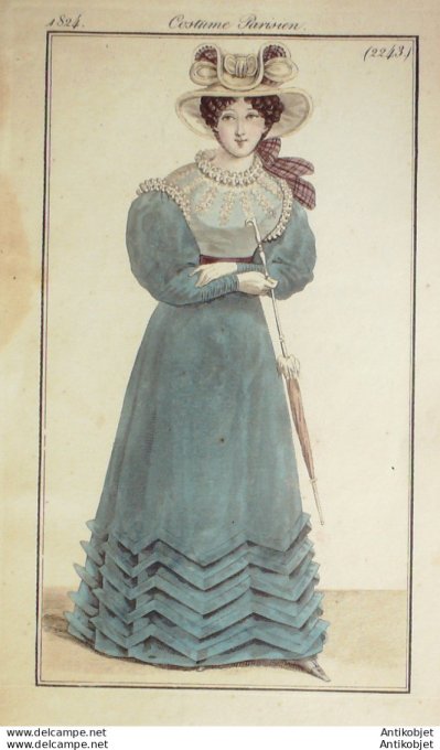 Gravure de mode Costume Parisien 1824 n°2243 Canezouet robe mousseline ruches