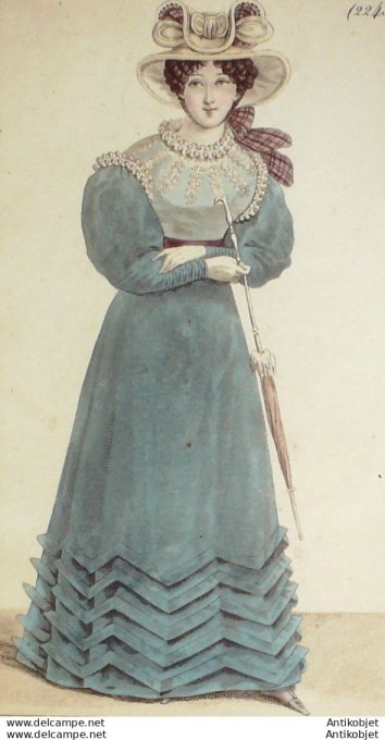 Gravure de mode Costume Parisien 1824 n°2243 Canezouet robe mousseline ruches