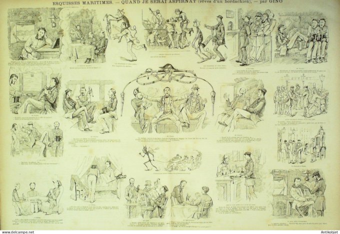 La Caricature 1880 #  46 Il pleut Bergère Robida Barret Draner Esquisses maritimes Gino