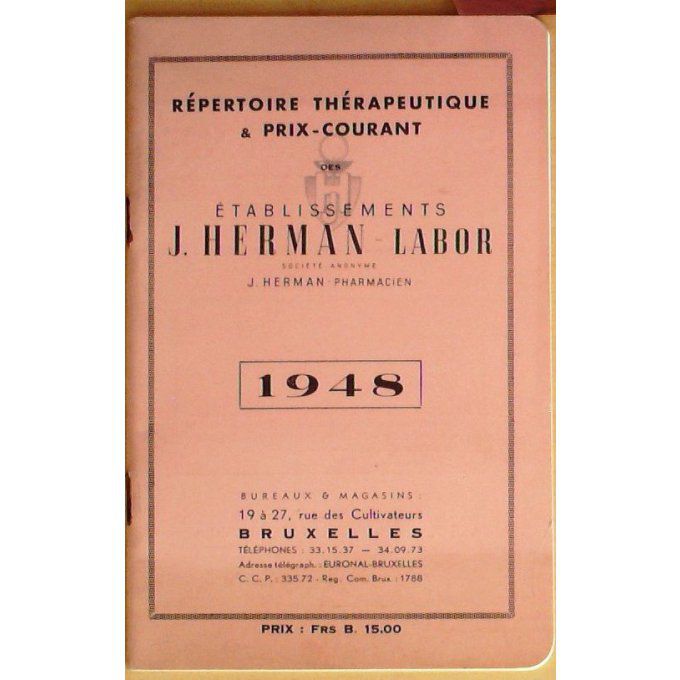 Catalogue J.HERMAN LABOR thérapeuthique BRUXELLES 1948