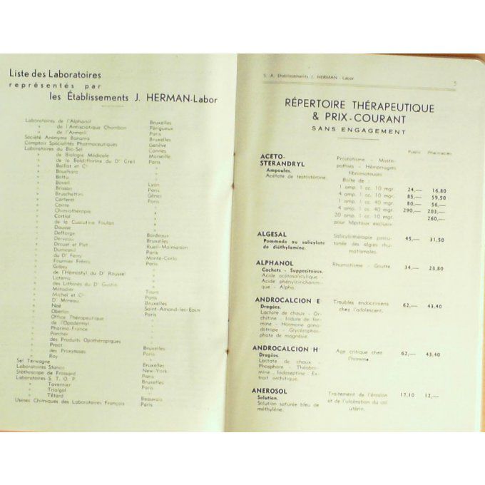 Catalogue J.HERMAN LABOR thérapeuthique BRUXELLES 1948