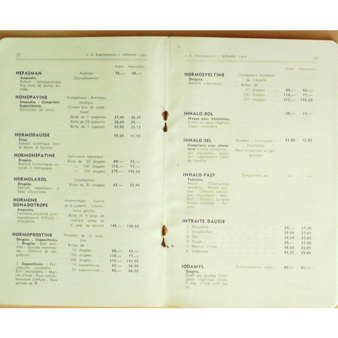 Catalogue J.HERMAN LABOR thérapeuthique BRUXELLES 1948