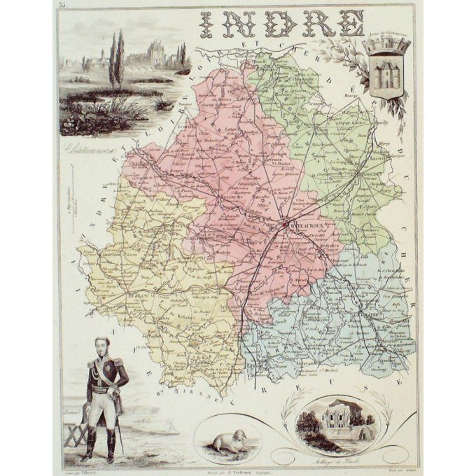 Carte Indre (36) Chateauroux Graveur Villerey 1871