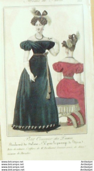 Gravure Mode Courrier des Dames 1825 #  353 (eau forte old Fashion plate)