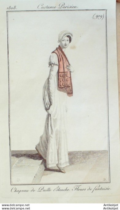 Gravure de mode Costume Parisien 1808 n° 919 Chapeau de paille blanche fleurs