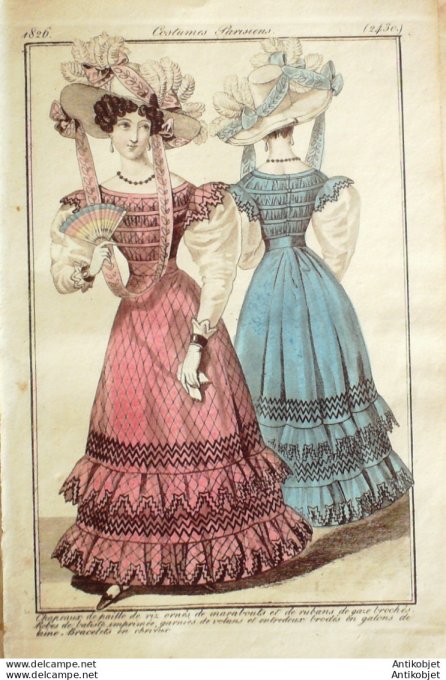 Gravure de mode Costume Parisien 1826 n°2430 Robes de batiste imprimées