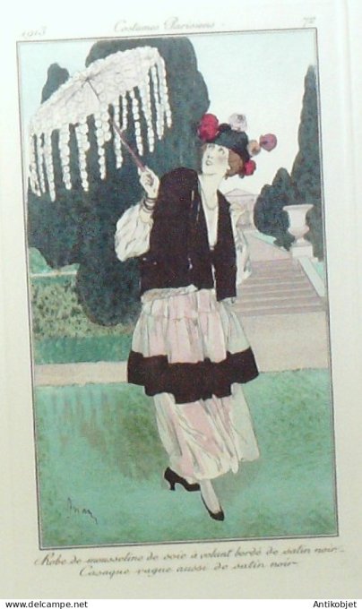 Gravure de mode Costume Parisien 1913 pl.072 DRIAN Etienne Robe mousseline