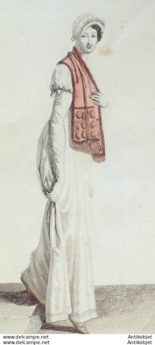 Gravure de mode Costume Parisien 1808 n° 919 Chapeau de paille blanche fleurs