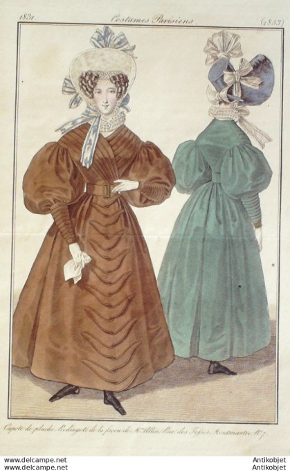Gravure de mode Costume Parisien 1831 n°2853 Redingote et capote de pluche
