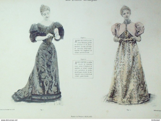Gravure de mode La Mode pratique 1893 n°01 Robes soie et Empire