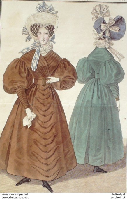 Gravure de mode Costume Parisien 1831 n°2853 Redingote et capote de pluche