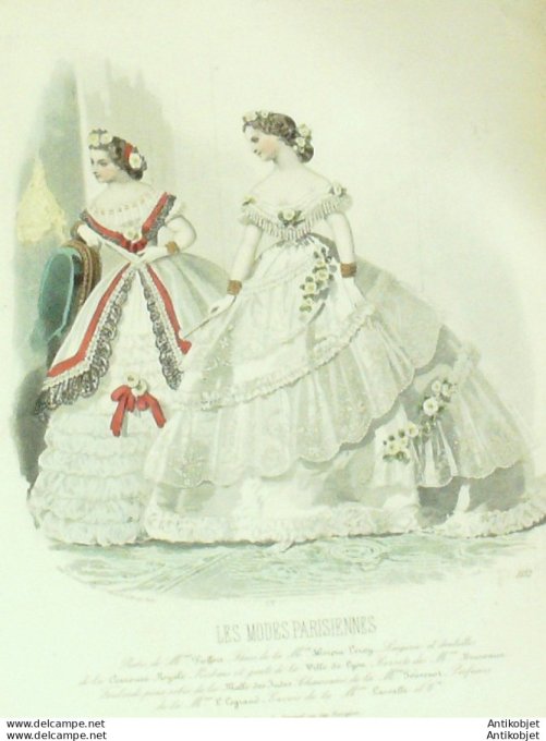 Gravure Les Modes Parisiennes 1863 #1132 Robes voile & dentelle Maison Pieffort