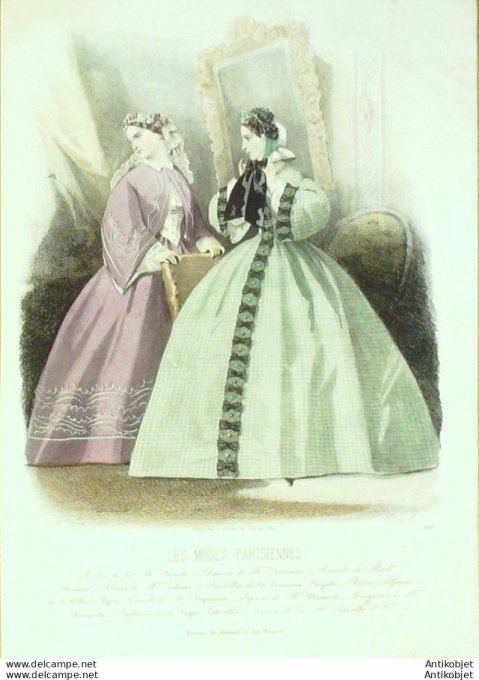 Gravure Les Modes Parisiennes 1861 # 969 Robe en Perkale Maison Fauvet