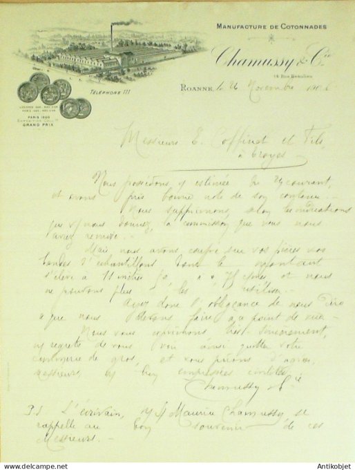 Lettre Ciale Chamussy Cie (ManuFacture Cotonnades) 1906 à Roanne (42)