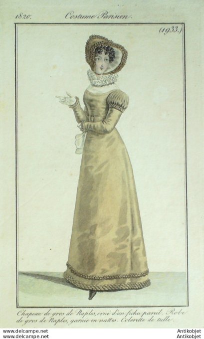 Gravure de mode Costume Parisien 1820 n°1933 Robe de gros de Naples garnie