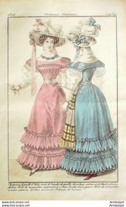 Gravure de mode Costume Parisien 1826 n°2434 Robes mousseline imprimées